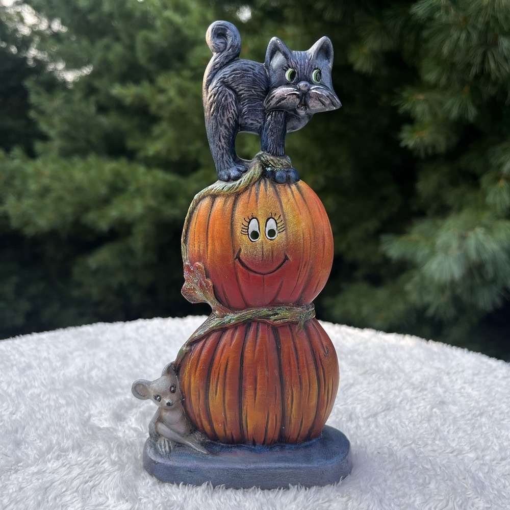 Vintage Ceramic Halloween Totem 8" Figurine Black Cat Mouse Pumpkin Hand Painted